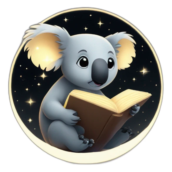 A koala perched on a ethereal glowing crescent moon, with dark black sky,  reading a book with constellations glowing on the pages sticker