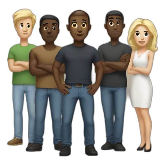 five dark-skinned men stand in a row behind a pale blonde woman sticker