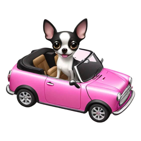 Black and white Chihuahua driving pink mini cooper convertible  sticker