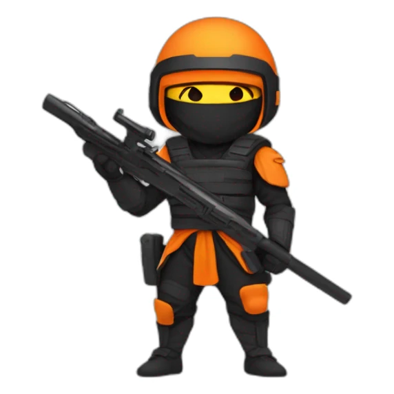 ninja with a halo above their head, two guns on their back, orange visor sticker