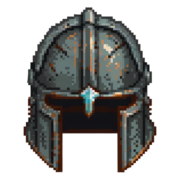 Ancient knight's helmet with light rust patina and worn appearance sticker