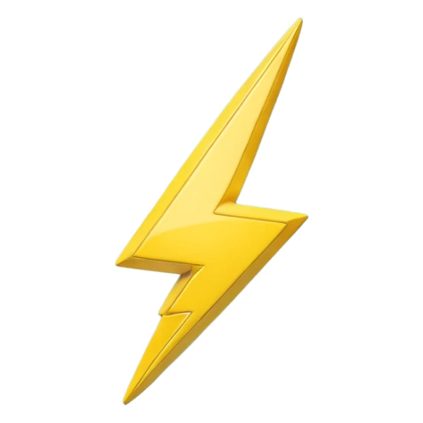 A cute 3D render icon of a lightning bolt shape. Rounded edges, plump and glossy yellow plastic material. Soft studio lighting, cheerful style. Isolated on a clean light blue gradient background. High quality, minimalist design isolated on a solid black background. sticker