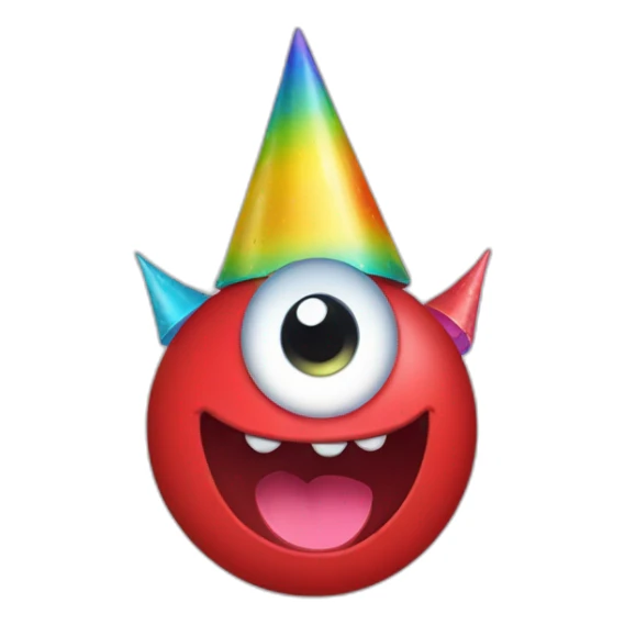 red monster one eye smile face with a rainbow party hat sticker