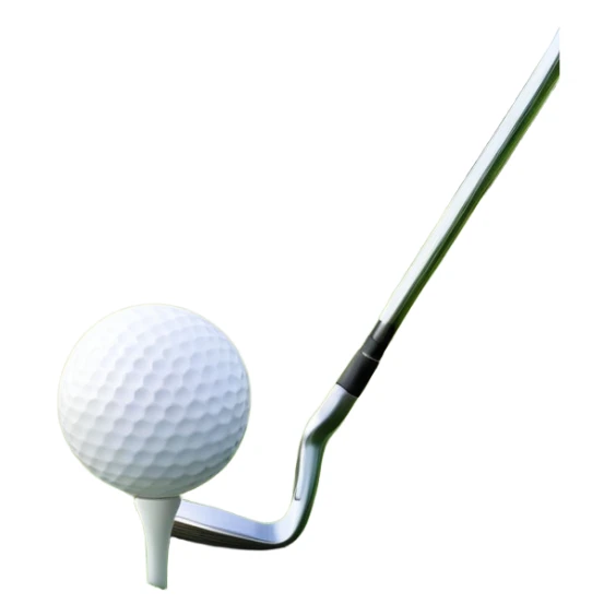 A golf ball on a tee with a golf club placed beside it, set against the backdrop of a well-manicured green golf course. The scene emphasizes the equipment and serene atmosphere of the sport, with soft lighting and a peaceful, open landscape sticker