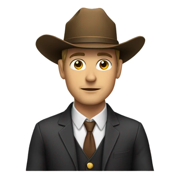 White man in a suit with a cowboy hat sticker