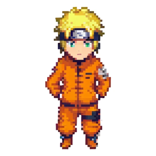 Naruto character, pixel art style, simplified features, iconic orange outfit sticker