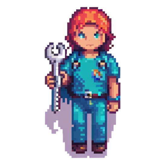 Rounded rectangle badge with pixel art person holding car wrench key, technical colorful IT design sticker