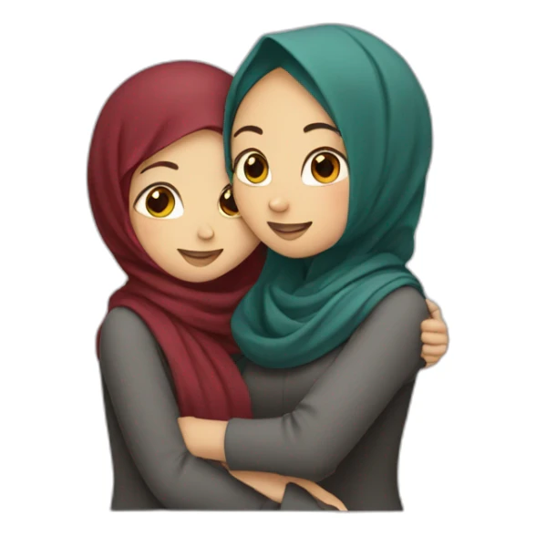 two girls hugging one in hijab second with dark red hair sticker