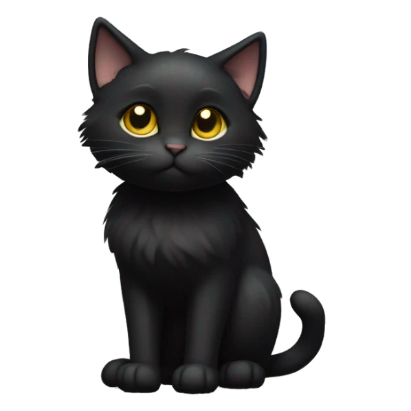 A  petite, solid black sleek furred cat. Light yellow eyes. Black pointed tufts of fluffy fur at the very tips of ears only (tip of triangle on ear). Fully body and no other color markings. Facing forward and standing with ears slightly tilted. sticker