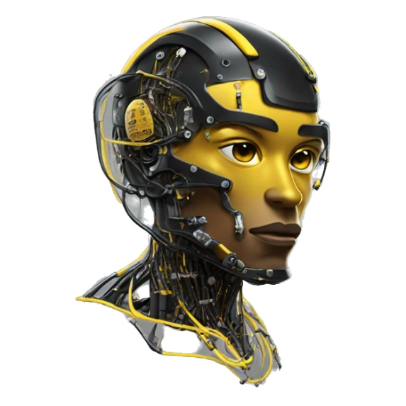 Black and yellow cyborg head with football helmet and circuits sticker