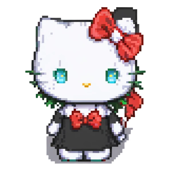 Hello Kitty with a red bow, chibi proportions pixel art sticker