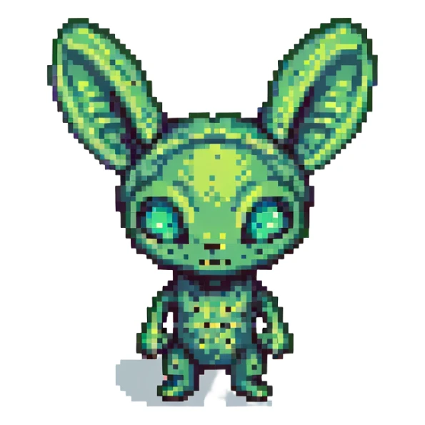 small green alien with big ears, inspired by Star Wars, cute pixel art style sticker