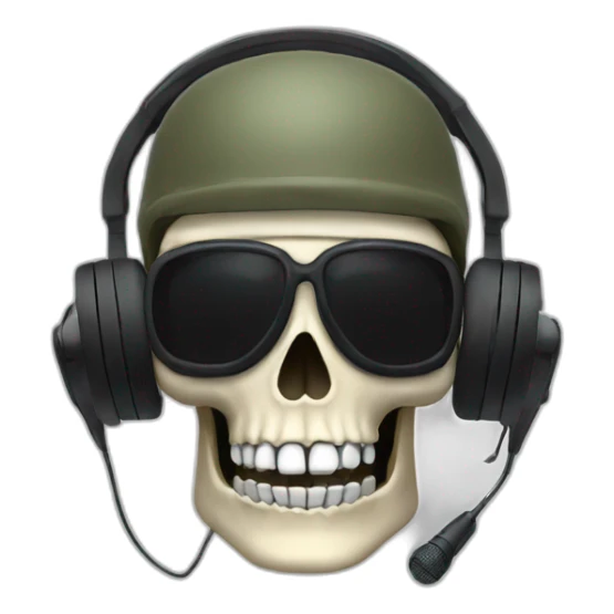 Military Skeleton mask with a long black mask underneath it and headset with a microphone sticker