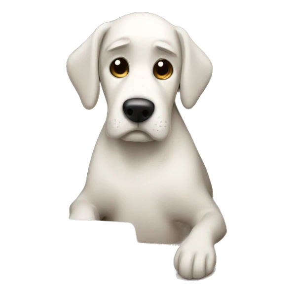 Sad dog in a dog house looking at a laptop sticker