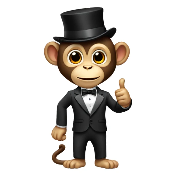 A monkey showing thumbs up in a tuxedo with a hat sticker