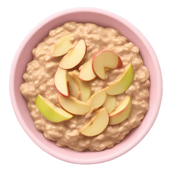 A light pink bowl with oatmeal and aesthetic apple slices spread along one side and peanut butter drizzled on the top sticker