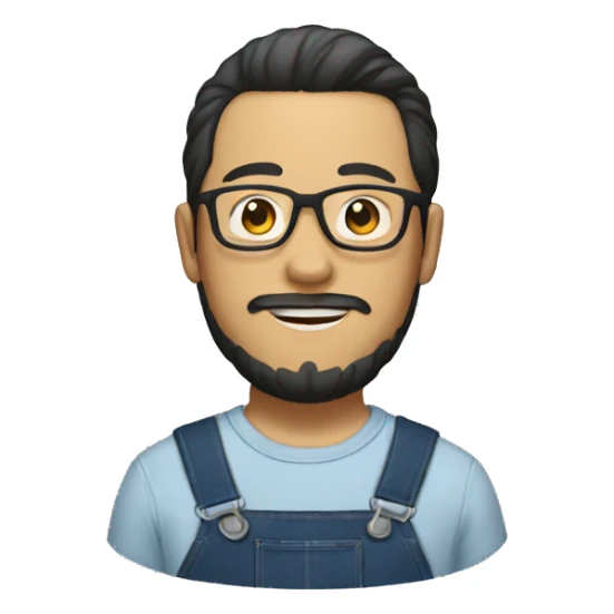 an Asian man with a beard and glasses, wearing an overall and a man bun sticker