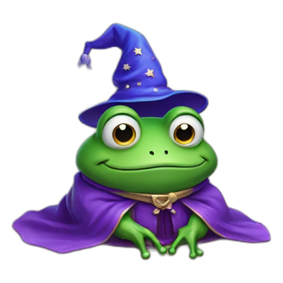 A frog wearing a purple robe and a blue wizard hat with stars on it sticker