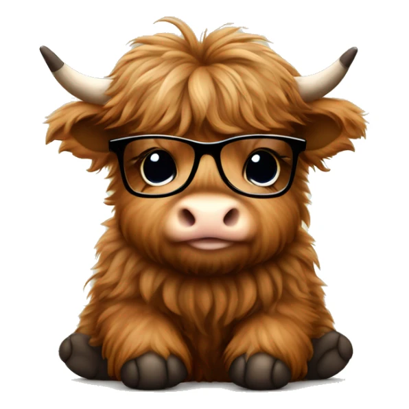 Cute Fluffy brown Highland cow baby sitting with a black glasses sticker