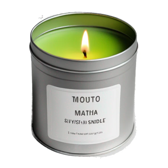 matcha scented candle in a silver tin with a small white label realistic sticker