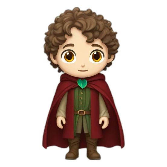 Frodo Baggins with bright blue eyes, light skin, wearing a dark red shirt, dark red waistcoat, and a sage green cloak clasped together by a leaf shaped brooch sticker