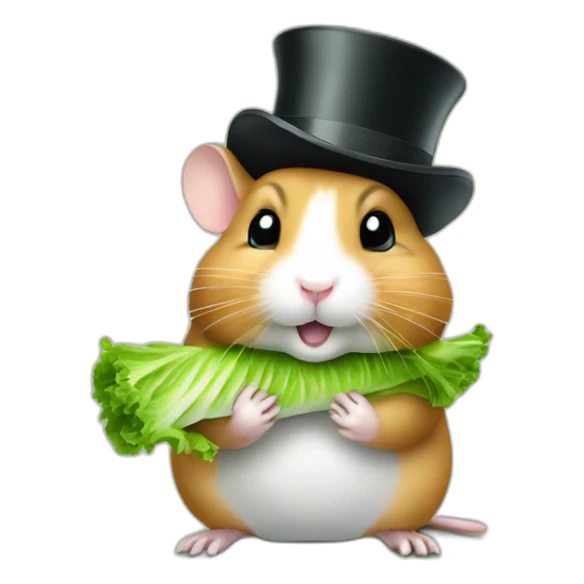 Hamster with top hat eating piece of lettuce sticker