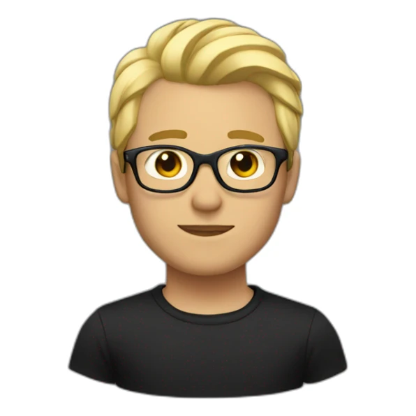 man with blonde hair, brown brows and glasses and black tshirt sticker