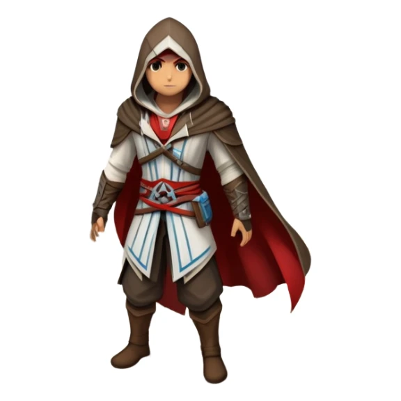 An icon representing an adventure game, inspired by Assassin's Creed. The design features a heroic character in hooded attire, scaling a tall building in a historical cityscape. The background shows ancient architecture and hidden symbols, symbolizing exploration and stealth. Transparent background  sticker