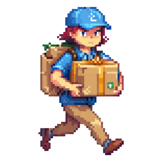 running courier holding a package in a city street, fastest delivery sticker
