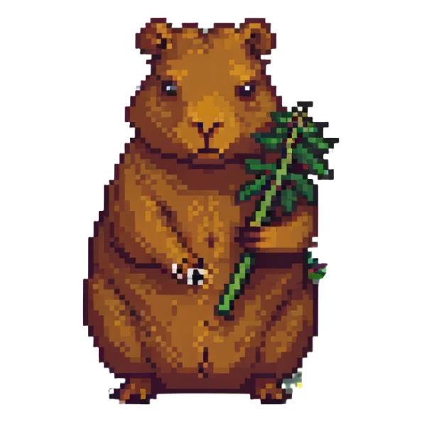 a capybara holding a hand-rolled weed joint, looking content, pixel art style sticker