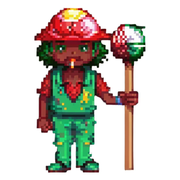 RCB cricket player eating a lollipop, pixel art style sticker