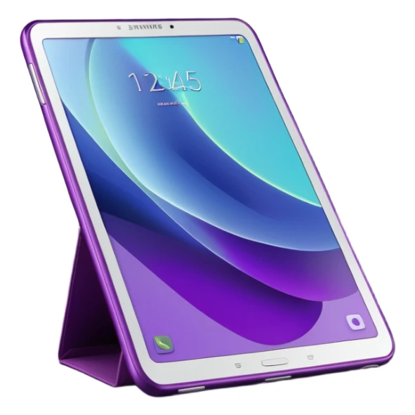 Ultra Detailed hyperrealistic beautiful Samsung galaxy 10.5 tablet, with a dark plum trendy cover case that sparkles with different colors, 3d render, isolated, still life. Must be 8k quailty, 9000x9000px resolution  sticker