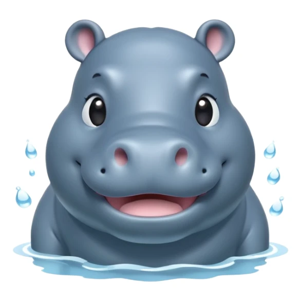 A 3D cartoon hippopotamus half-submerged in water, smiling gently, soft lighting, rounded body and glossy texture, cute Memoji-style look. sticker