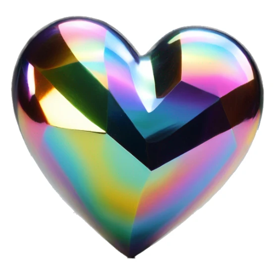 symbolic heart chrome sculpture symbolizing chromatic light with a geometric, faceted design. The heart is standing upright with angular and baroque features. The vibrant rainbow of colors highlights the sharp edges and planes.  sticker