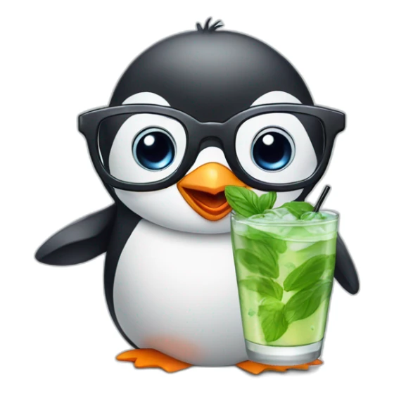 baby penguin with big glasses drinking mojito sticker