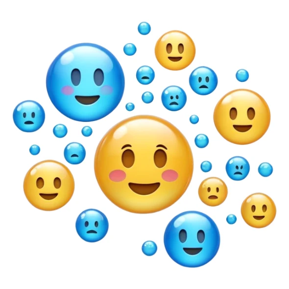 3D iPhone style emoji of free-floating bubbles, scattered randomly in the air, translucent and shiny, various sizes, not contained in any circle, isolated on white background, soft shadows, high detail, NO FACE sticker
