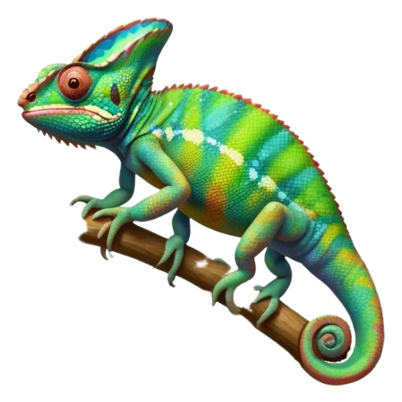 Giant chameleon on a branch, blending with vibrant greenery. Detailed scales in shifting colors, showing the chameleon’s ability to camouflage. Soft natural light highlights its texture. Lush jungle background with vivid foliage, transparent background. sticker