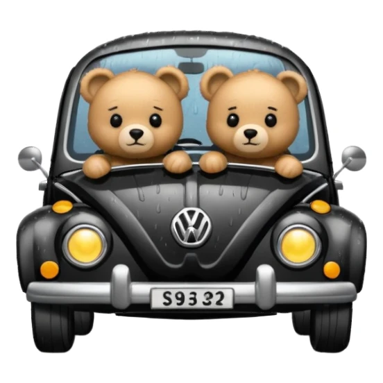 Two teddy bears in black Volkswagen in the rain sticker