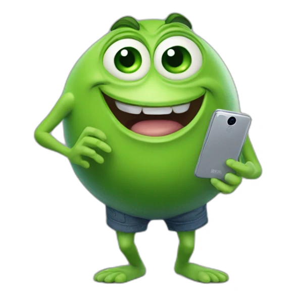 3D stickers for telegram, Mike wazowski with legs, looking into his phone and laughing, 8k, super realism, super detail sticker