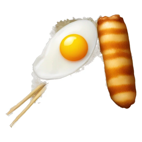 a bowl of rice with double yolk egg and two chicken drumstick sticker