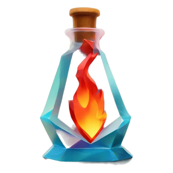 flame in a bottle sculpture symbolizing Sagittarius with a geometric, faceted design. The symbol is standing upright with angular and disney features. The vibrant red flame colors highlights the sharp edges and planes. sticker