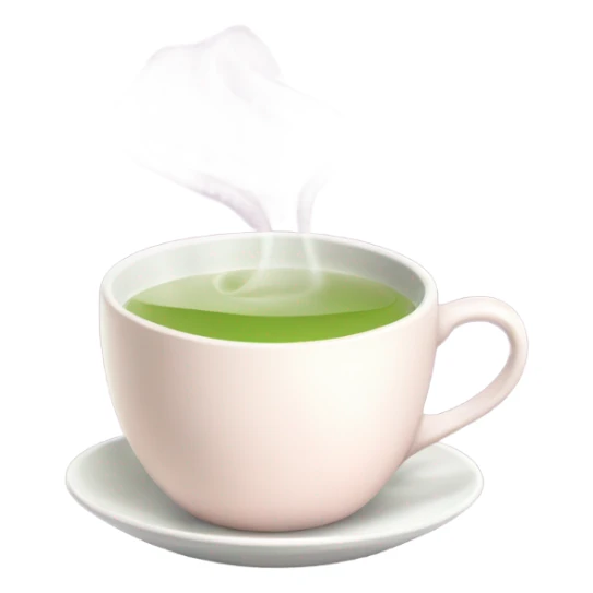 a white cup of steaming green tea with a light-pink teabag tag sticker