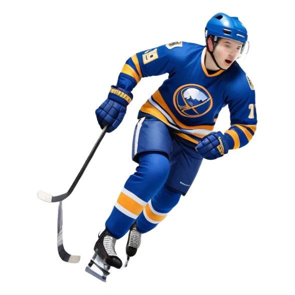 An icon featuring a hockey player in action, skating with a stick and puck on a fast-paced ice rink. The background shows a packed stadium with cheering fans, bright lights, and a snowy landscape visible through the arena's windows. Transparent background captures the excitement. sticker