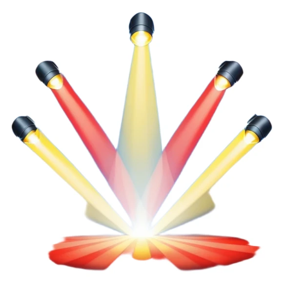 An emoji of stage lights shining brightly. Multiple spotlights in different colors (blue, yellow, red) angled towards a stage, creating a dramatic and concert-like atmosphere. Beams of light cutting through the darkness with a slight glow effect sticker