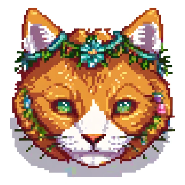 head of a ginger cat with a garland, pixel art sticker
