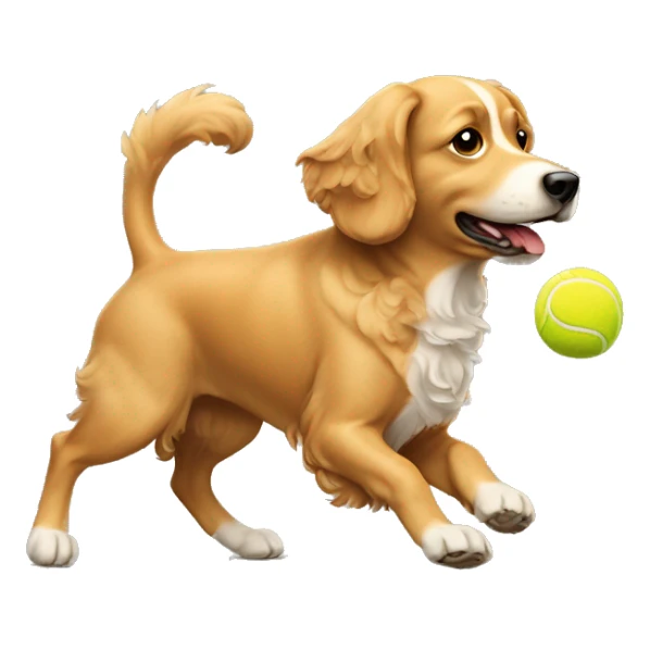 tan dog with a curly tail and white chest chasing a tennis ball sticker
