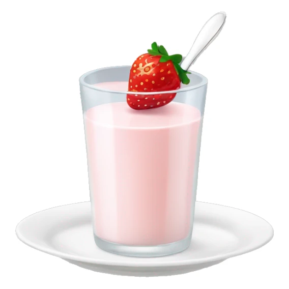 hot strawberry milk in a white glass with a small plate underneath and Above it is a spoon sticker