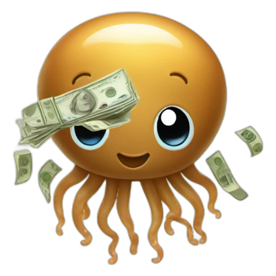 Cute baby brown jellyfish holding money sticker