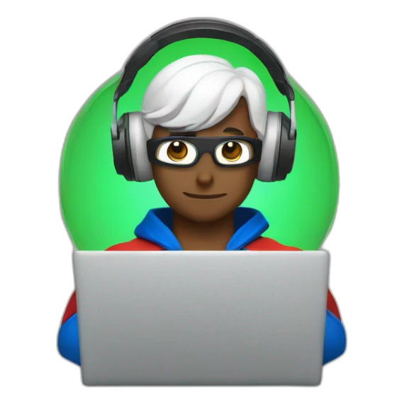 superman wearing head phones and working on a laptop with full concentration sticker