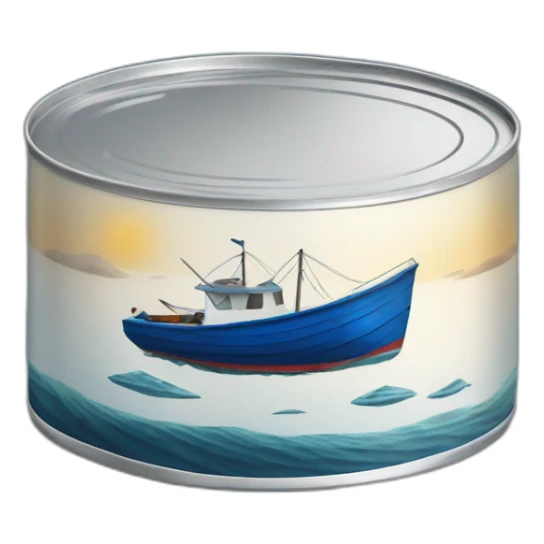 Realistic small can of tuna showing a blue sailing boat sticker